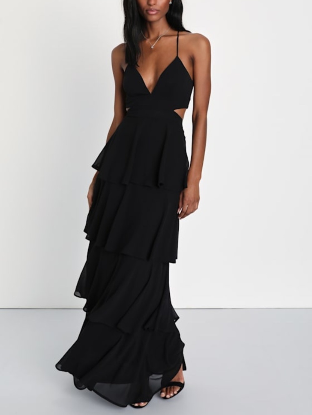 Lulus Tier And Now Black Tie-back Tiered Maxi Dress - Size XS